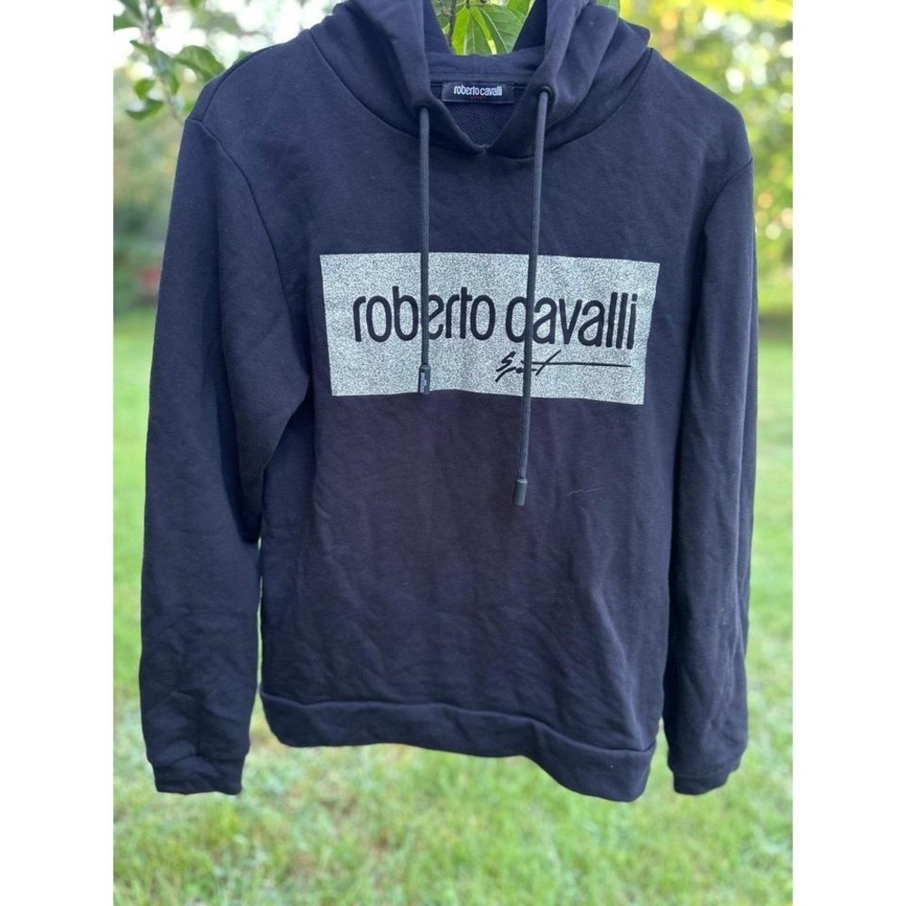 Authentic Roberto Cavalli Black Sparkle Logo | Cotton Hoodie Women's Luxury‎ | S